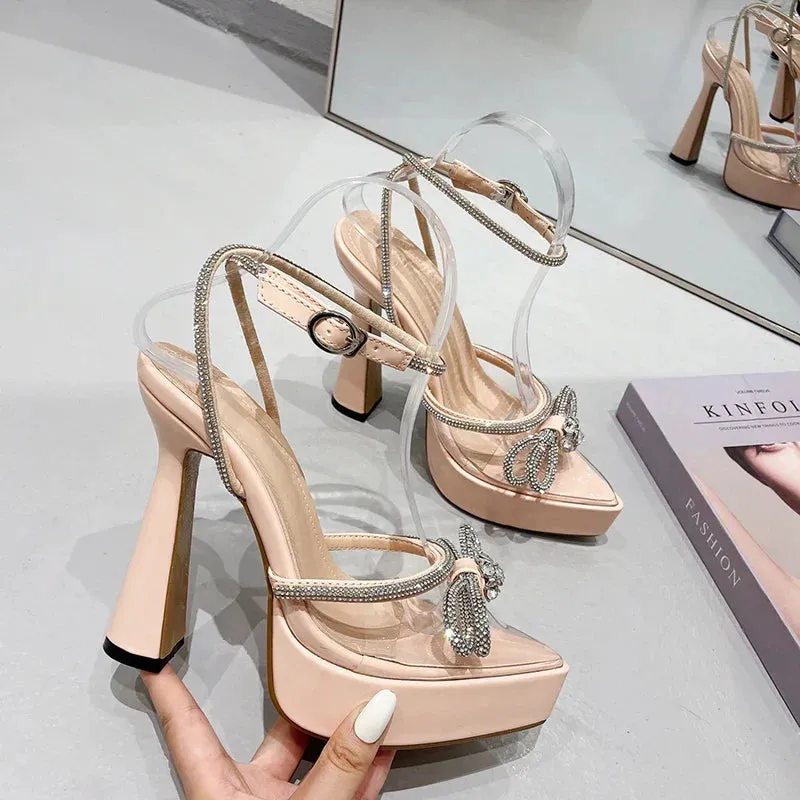 binfenxie  - Sexy Women Sandals Pointed Toe Transparent Jelly Shoes Ladies Wedding Party Pumps Ankle Strap Spikr High Heels Pumps Bow Design