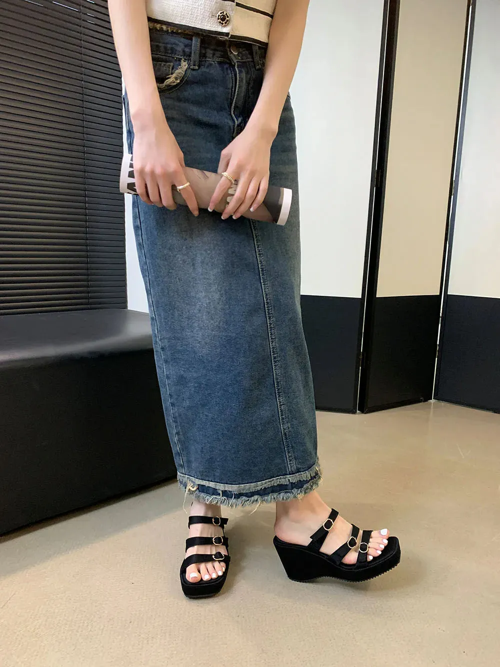 binfenxie  - Sexy Women Slides Slippers Open Toe Summer Outside Mules Shoes Wedge High Heels Belt Buckle Black Green Party Pumps Shoes Woman