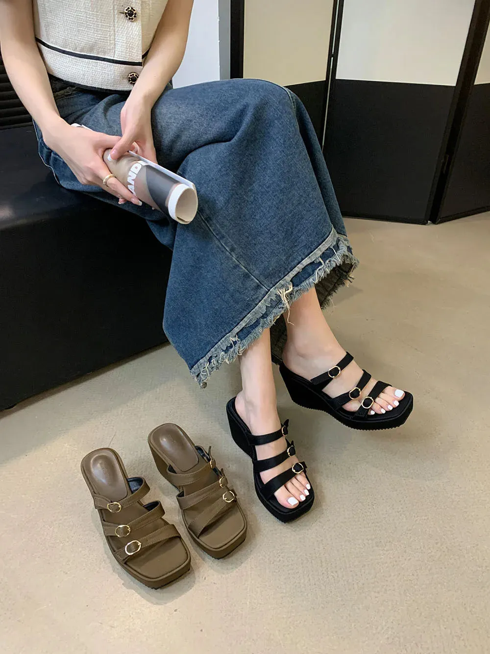 binfenxie  - Sexy Women Slides Slippers Open Toe Summer Outside Mules Shoes Wedge High Heels Belt Buckle Black Green Party Pumps Shoes Woman