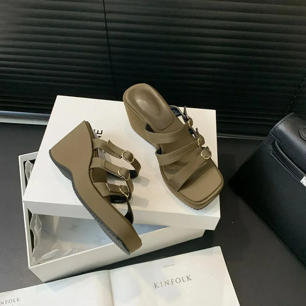 binfenxie  - Sexy Women Slides Slippers Open Toe Summer Outside Mules Shoes Wedge High Heels Belt Buckle Black Green Party Pumps Shoes Woman