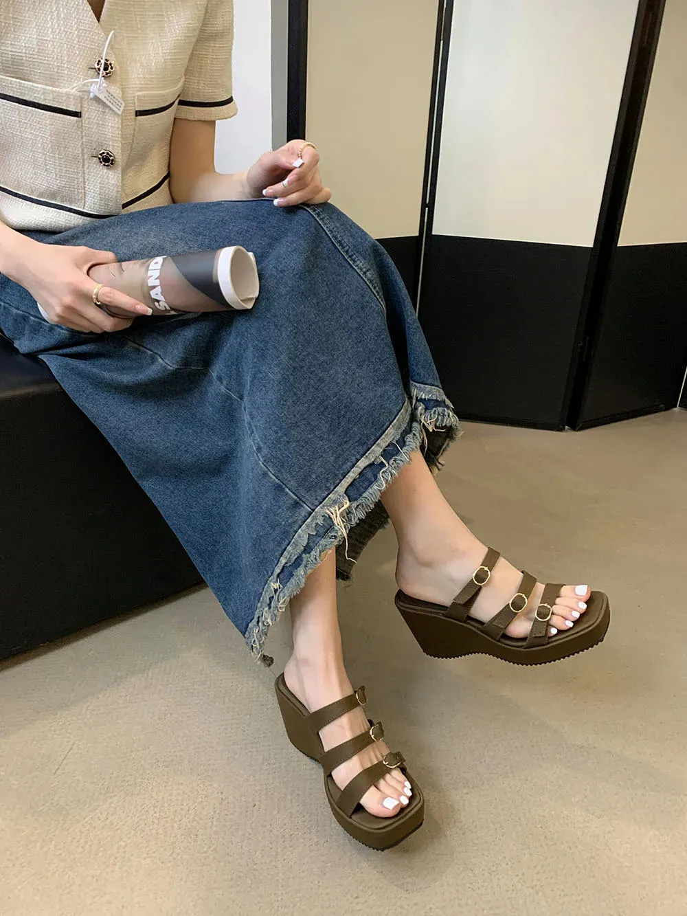 binfenxie  - Sexy Women Slides Slippers Open Toe Summer Outside Mules Shoes Wedge High Heels Belt Buckle Black Green Party Pumps Shoes Woman