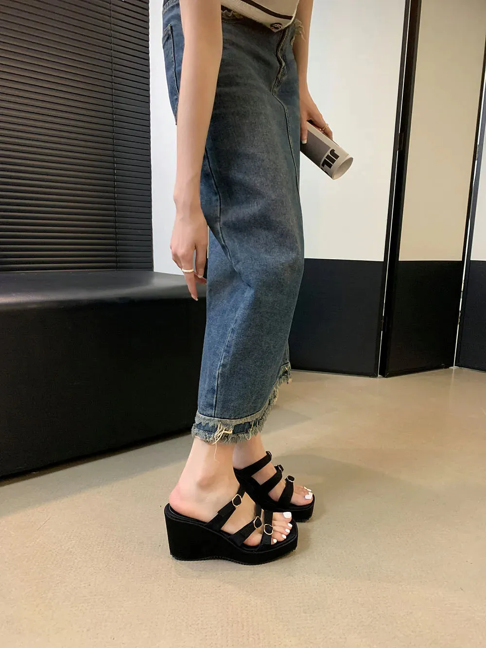 binfenxie  - Sexy Women Slides Slippers Open Toe Summer Outside Mules Shoes Wedge High Heels Belt Buckle Black Green Party Pumps Shoes Woman