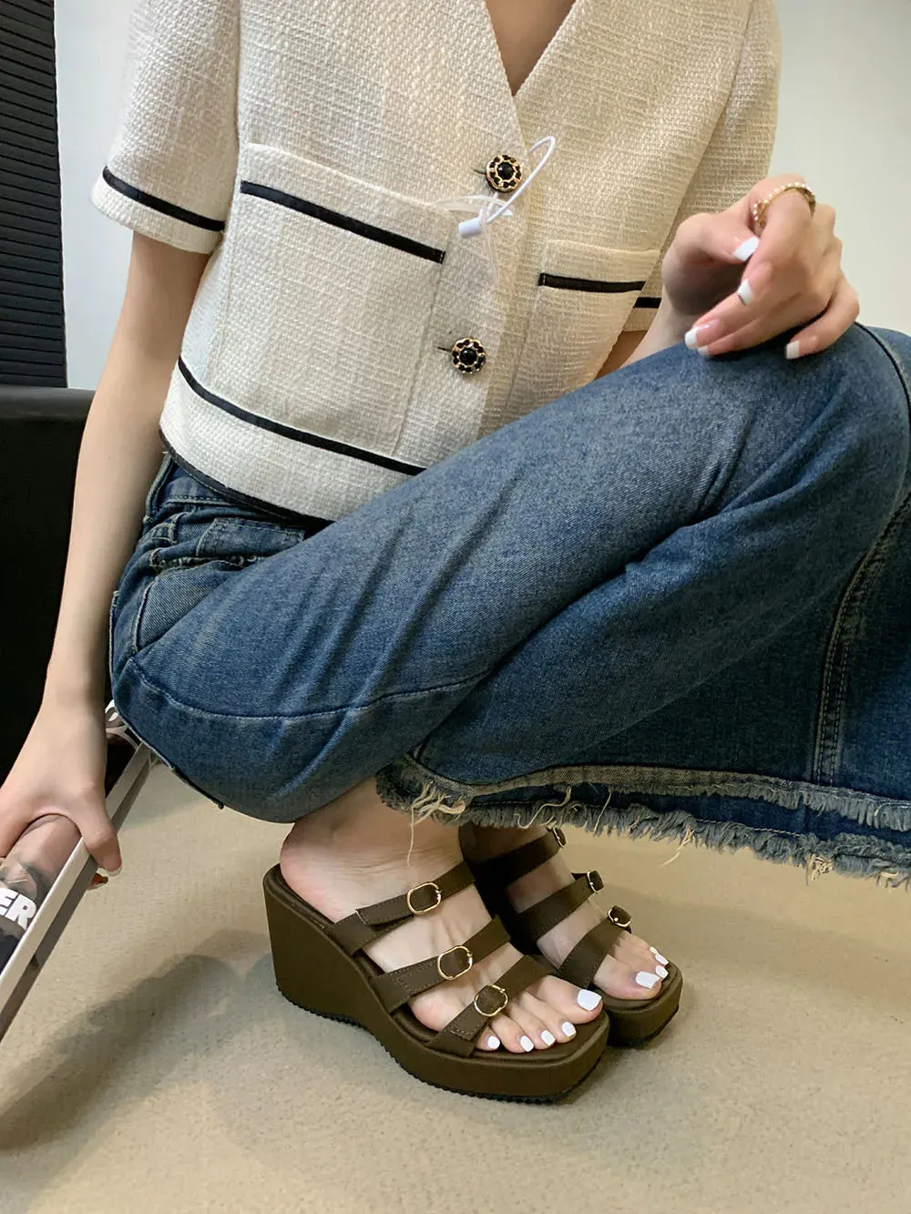 binfenxie  - Sexy Women Slides Slippers Open Toe Summer Outside Mules Shoes Wedge High Heels Belt Buckle Black Green Party Pumps Shoes Woman