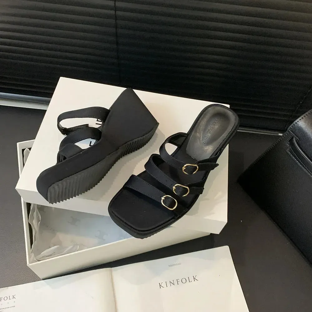 binfenxie  - Sexy Women Slides Slippers Open Toe Summer Outside Mules Shoes Wedge High Heels Belt Buckle Black Green Party Pumps Shoes Woman