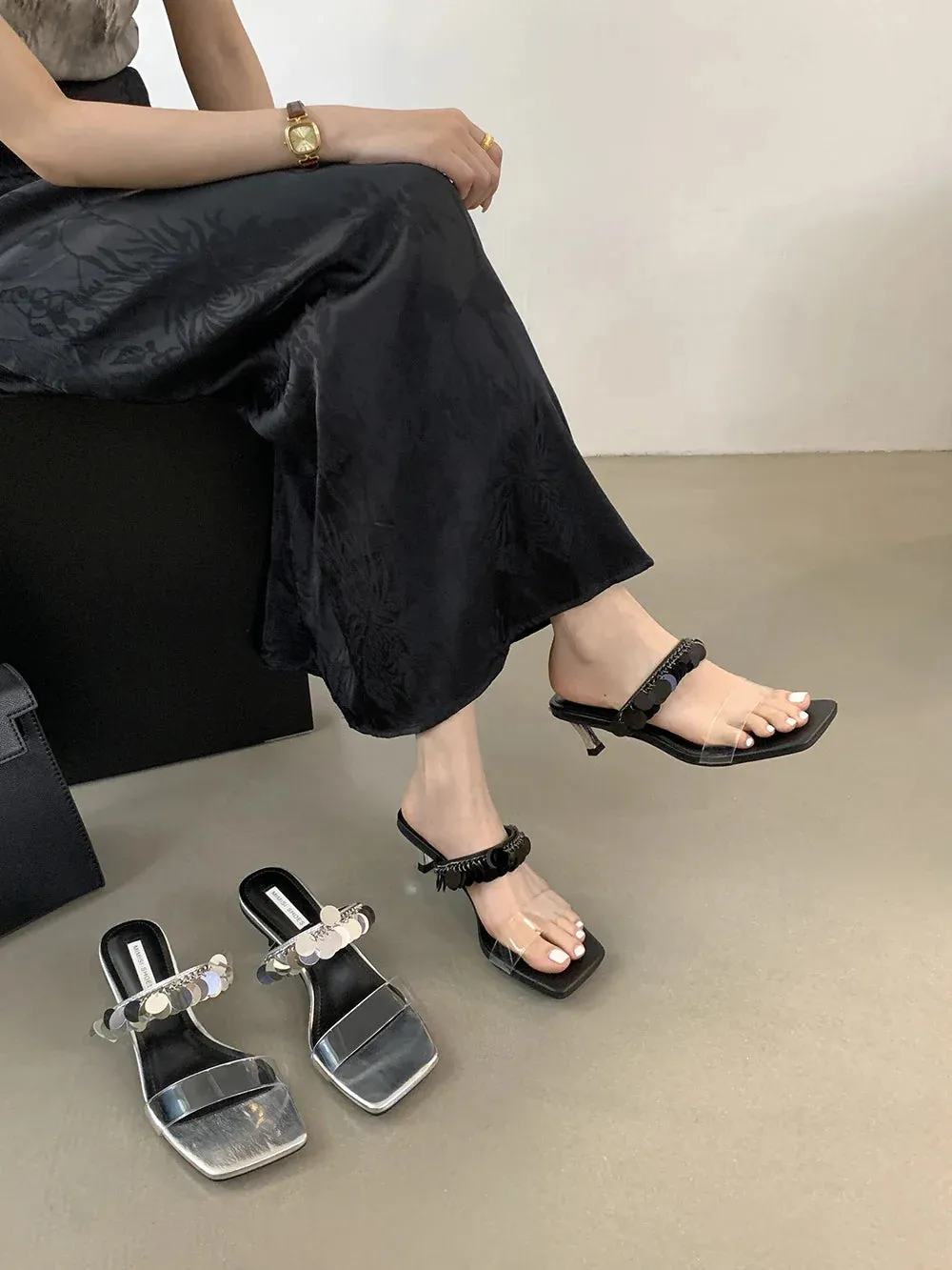 binfenxie  -  Silver Black Women Slippers Summer Outside Mules Shoes Thin High Heels Party Pumps Transparent Dress Shoes Woman Size 35-39