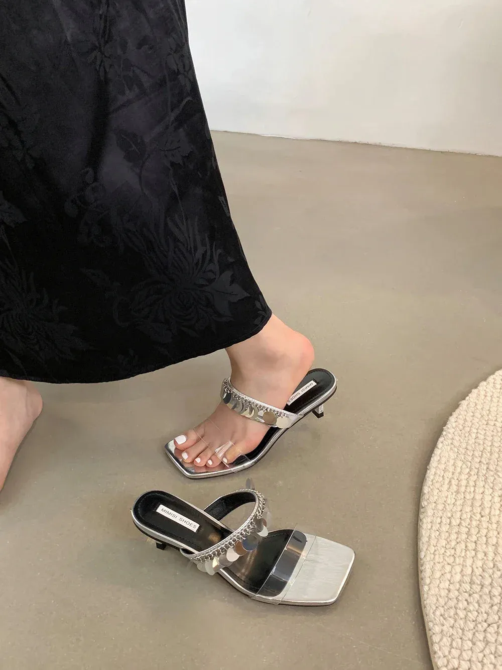 binfenxie  -  Silver Black Women Slippers Summer Outside Mules Shoes Thin High Heels Party Pumps Transparent Dress Shoes Woman Size 35-39