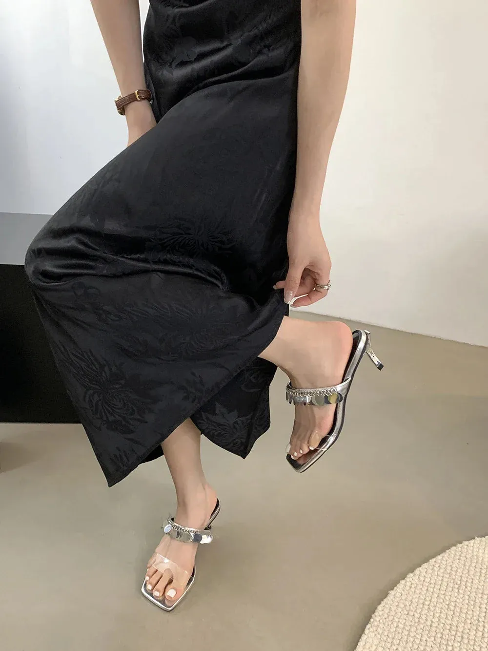 binfenxie  -  Silver Black Women Slippers Summer Outside Mules Shoes Thin High Heels Party Pumps Transparent Dress Shoes Woman Size 35-39