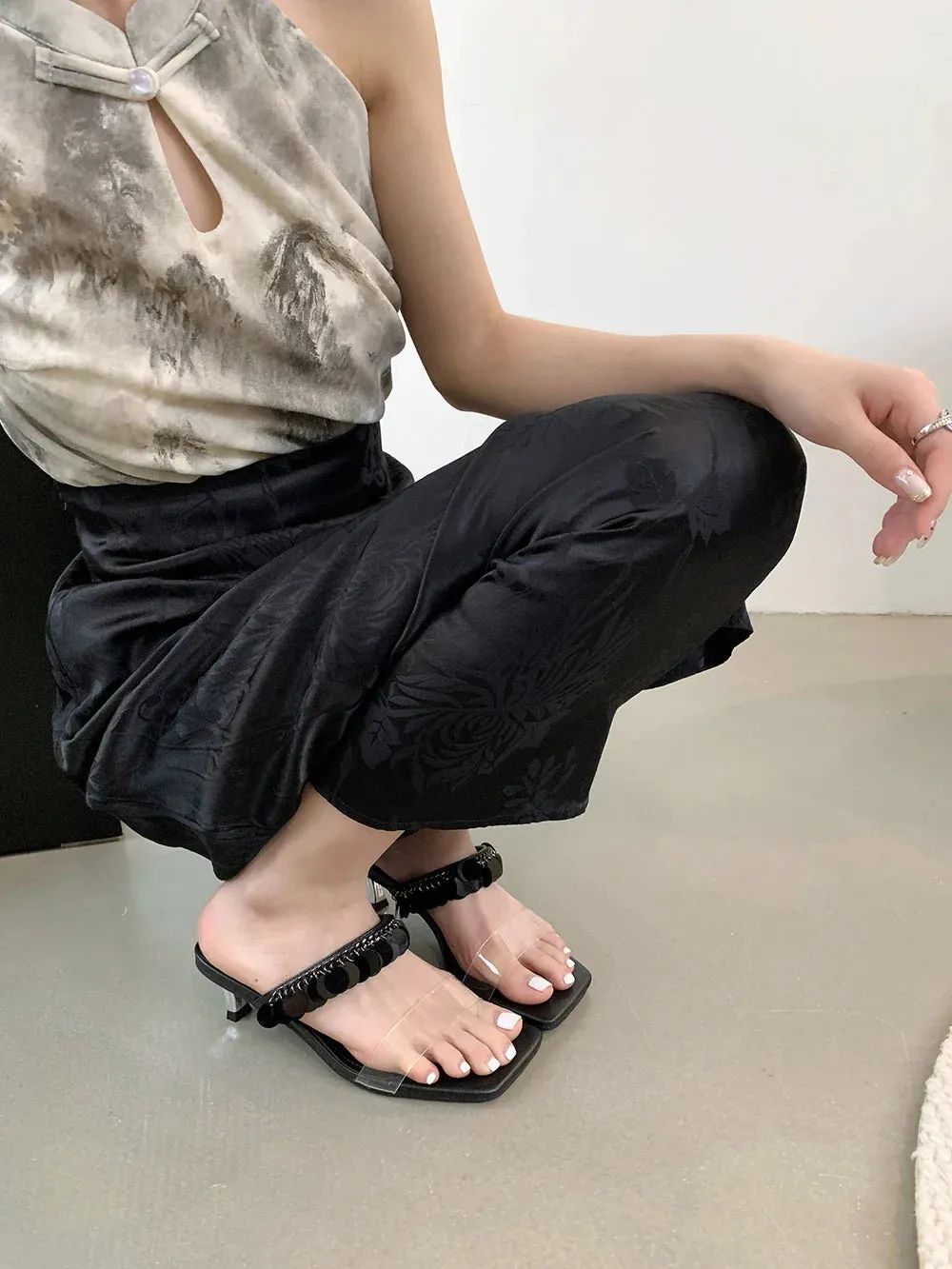 binfenxie  -  Silver Black Women Slippers Summer Outside Mules Shoes Thin High Heels Party Pumps Transparent Dress Shoes Woman Size 35-39