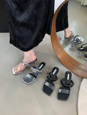 binfenxie  -  Silver Black Women Slippers Summer Outside Mules Shoes Thin High Heels Party Pumps Transparent Dress Shoes Woman Size 35-39