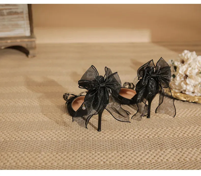 binfenxie  -  Size 34-40 Black High Heels Women's Stiletto Heel Pointed Pearls Buckle Bow Fashionable Thin Heel Party Dress Shoes