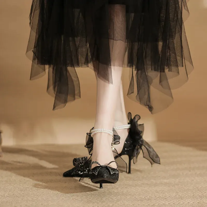 binfenxie  -  Size 34-40 Black High Heels Women's Stiletto Heel Pointed Pearls Buckle Bow Fashionable Thin Heel Party Dress Shoes