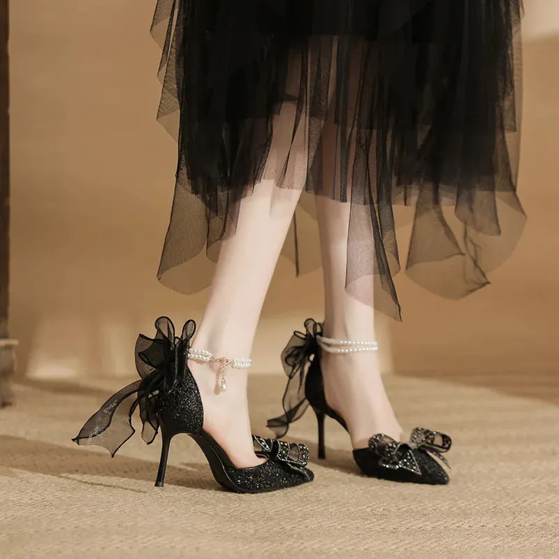 binfenxie  -  Size 34-40 Black High Heels Women's Stiletto Heel Pointed Pearls Buckle Bow Fashionable Thin Heel Party Dress Shoes