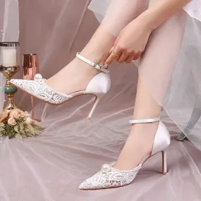 binfenxie  -  Size 34-42 Lace White Wedding Shoes Bridal Mesh Pearls High Heels Thin Heel Pumps Women Party Dress Shoes
