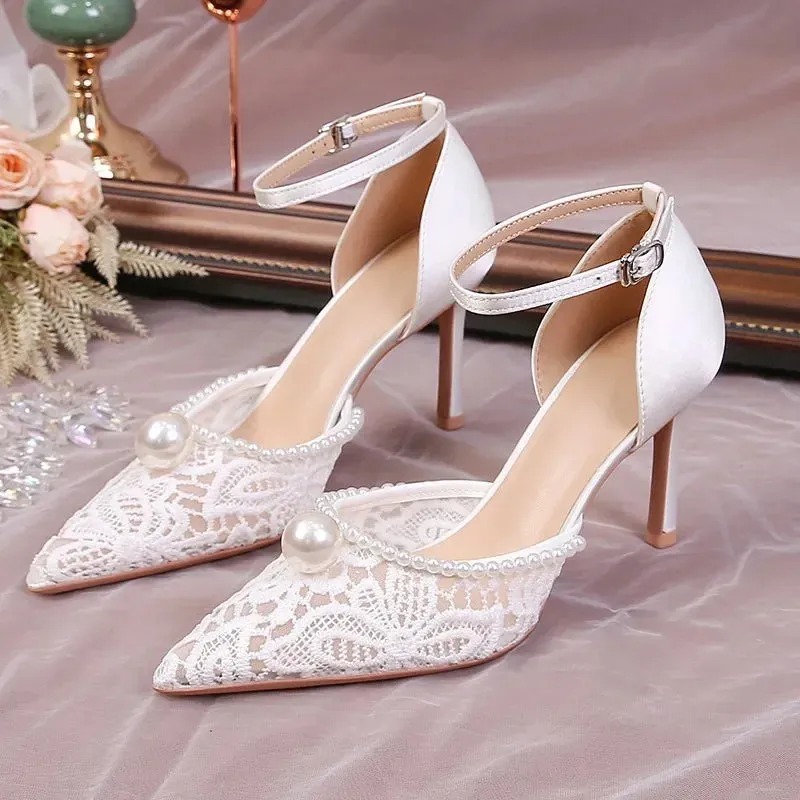 binfenxie  -  Size 34-42 Lace White Wedding Shoes Bridal Mesh Pearls High Heels Thin Heel Pumps Women Party Dress Shoes