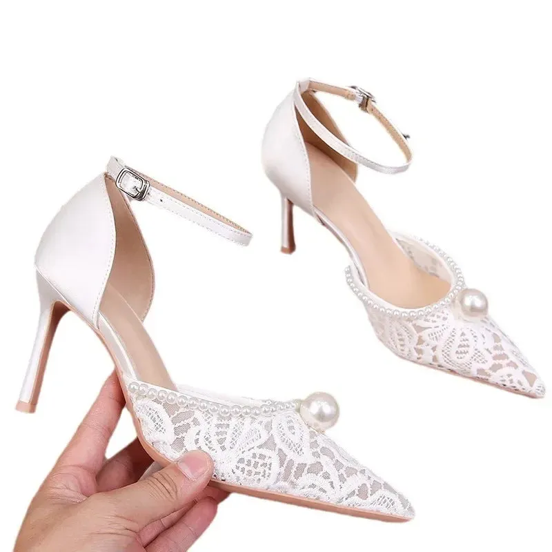 binfenxie  -  Size 34-42 Lace White Wedding Shoes Bridal Mesh Pearls High Heels Thin Heel Pumps Women Party Dress Shoes