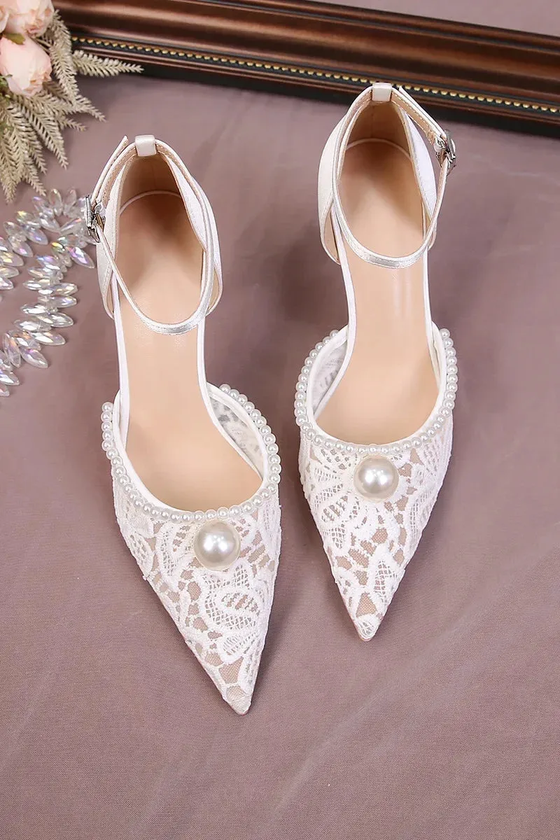 binfenxie  -  Size 34-42 Lace White Wedding Shoes Bridal Mesh Pearls High Heels Thin Heel Pumps Women Party Dress Shoes