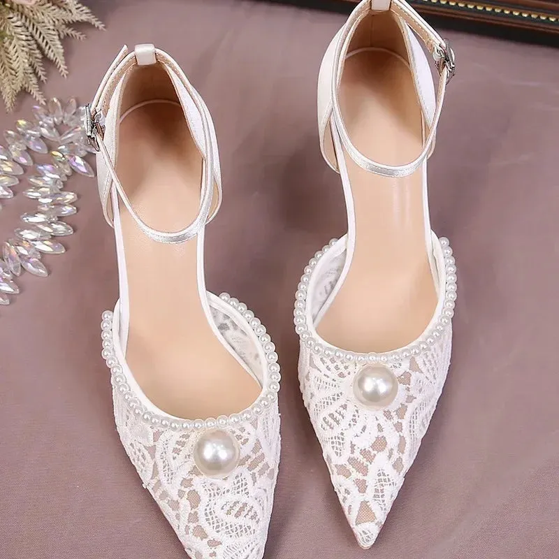 binfenxie  -  Size 34-42 Lace White Wedding Shoes Bridal Mesh Pearls High Heels Thin Heel Pumps Women Party Dress Shoes