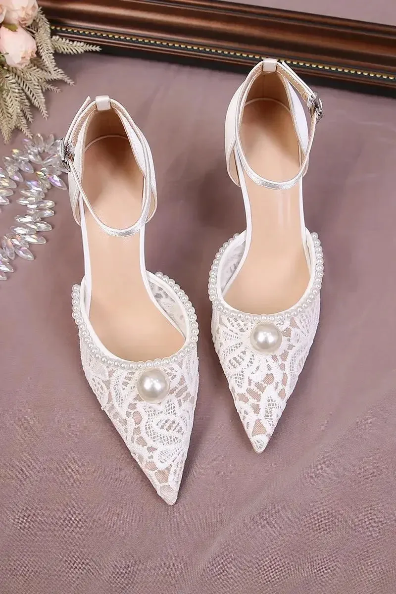 binfenxie  -  Size 34-42 Lace White Wedding Shoes Bridal Mesh Pearls High Heels Thin Heel Pumps Women Party Dress Shoes