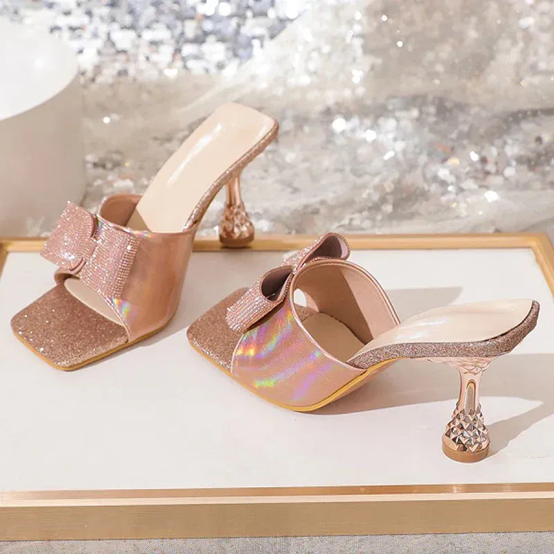 binfenxie  -  Square Toe CRYSTAL Butterfly-knot Women Slippers Low Heels Sandals Summer Party Slide Shoes Zapatos Mujer