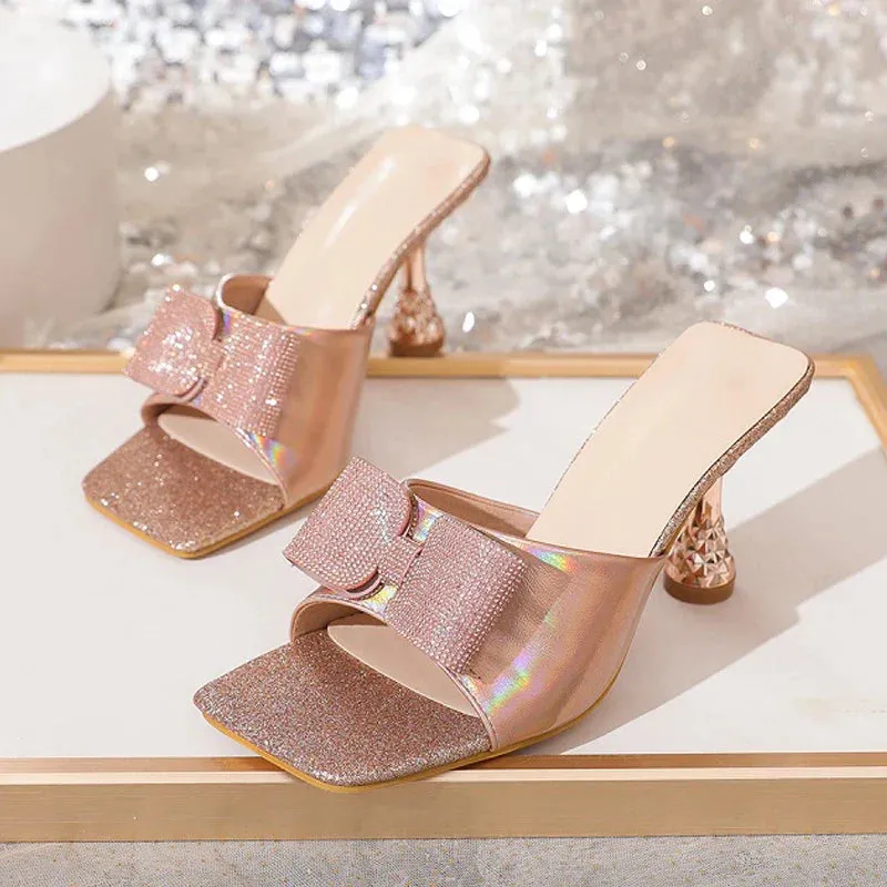 binfenxie  -  Square Toe CRYSTAL Butterfly-knot Women Slippers Low Heels Sandals Summer Party Slide Shoes Zapatos Mujer