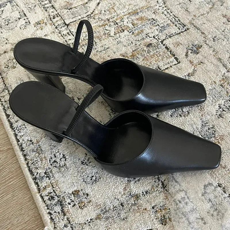 binfenxie  -  Square Toe Slip-On Sandals Ladies Designer Summer Elegant Thick High Heels Black Back Strap Shoes for Women Party Dress Pumps