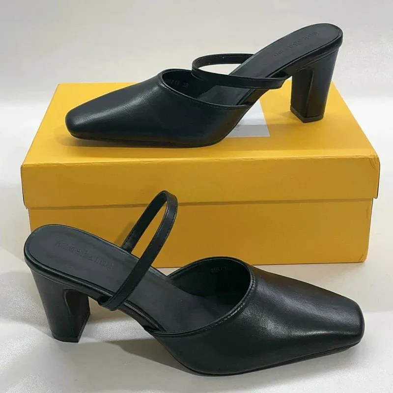 binfenxie  -  Square Toe Slip-On Sandals Ladies Designer Summer Elegant Thick High Heels Black Back Strap Shoes for Women Party Dress Pumps