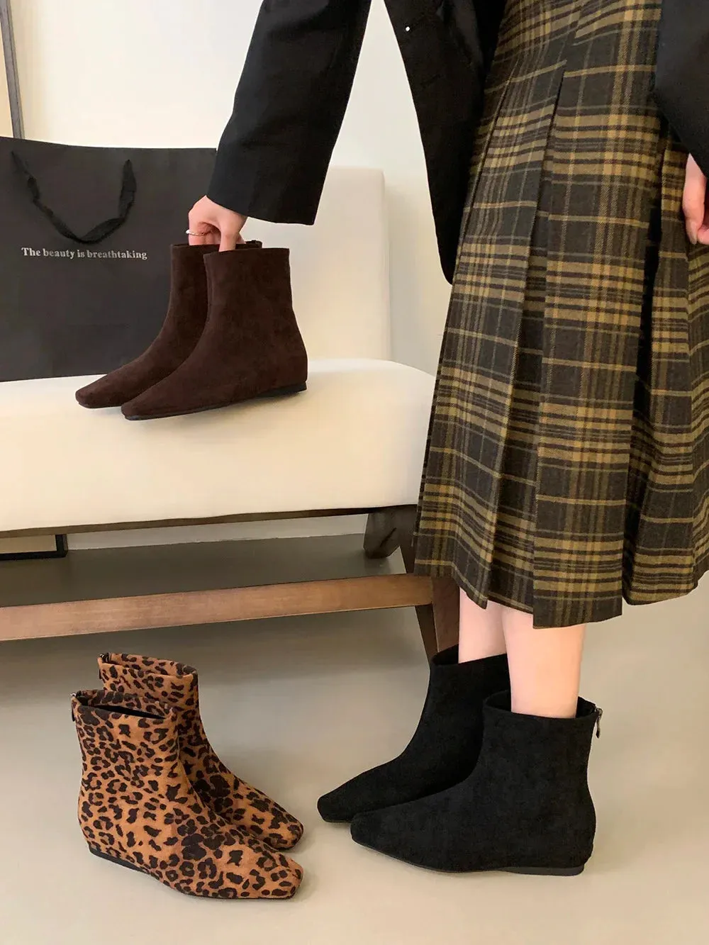 binfenxie  -  Square Toe Women Ankle Boots Shallow Slip On Flat Heeled Black Brown Leopard 2024 New Arrivals Party Pumps Shoes Woman Size 39