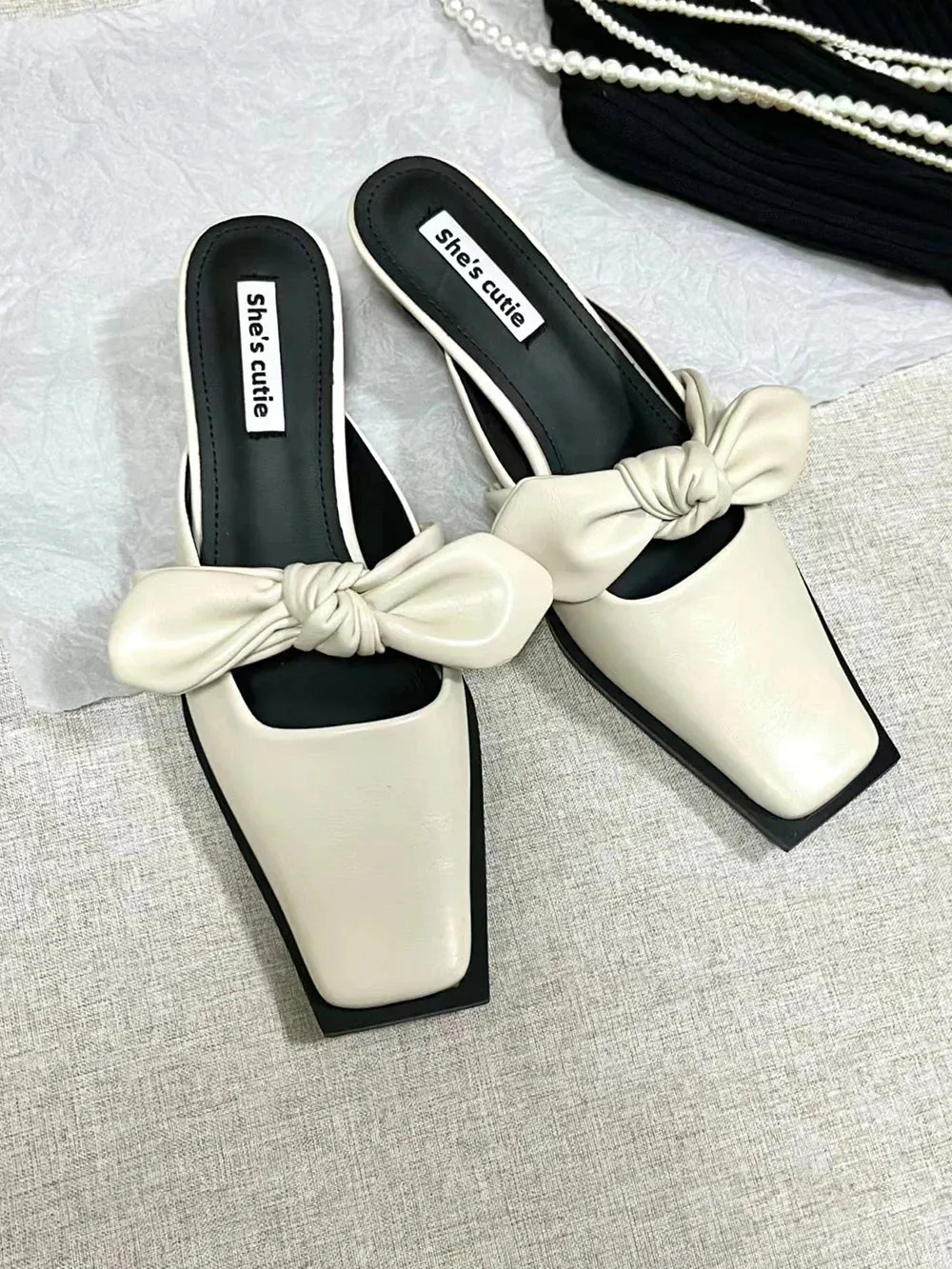 binfenxie  -  Square Toe Women Slippes Summer Outside Mules Shoes Thin Low Heels Black Green White Outside Party Dress Shoes Bow Design Mules