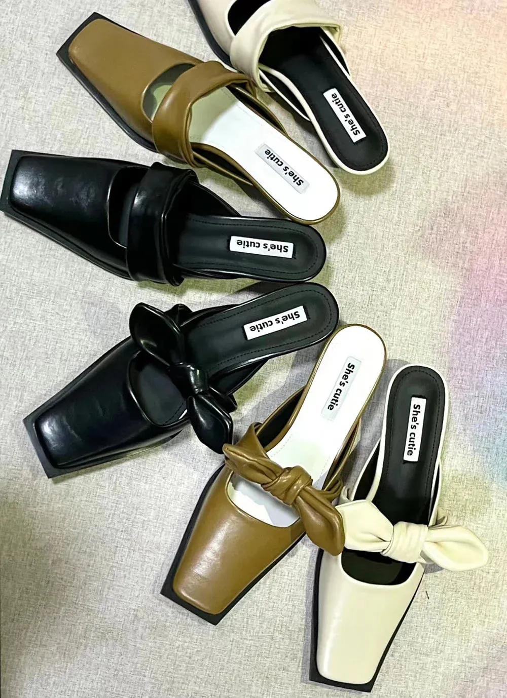 binfenxie  -  Square Toe Women Slippes Summer Outside Mules Shoes Thin Low Heels Black Green White Outside Party Dress Shoes Bow Design Mules