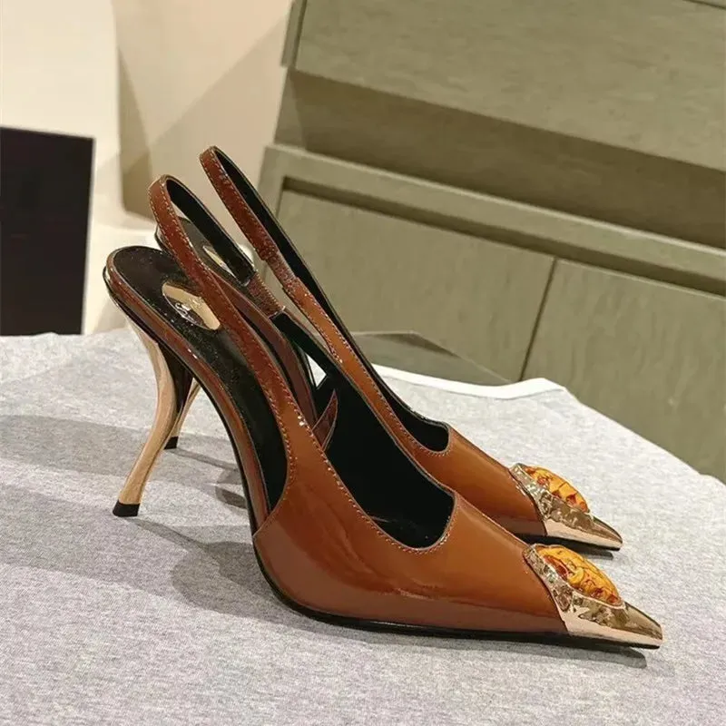 binfenxie  -  Star style Gemstone Metal Toe Patent Leather Women Pumps Fashion Stiletto High heels Spring Autumn Slingbacks Party Dress Shoes