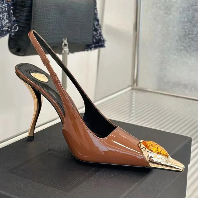 binfenxie  -  Star style Gemstone Metal Toe Patent Leather Women Pumps Fashion Stiletto High heels Spring Autumn Slingbacks Party Dress Shoes