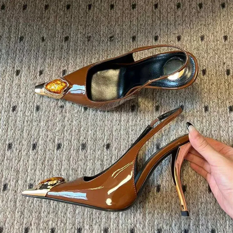 binfenxie  -  Star style Gemstone Metal Toe Patent Leather Women Pumps Fashion Stiletto High heels Spring Autumn Slingbacks Party Dress Shoes