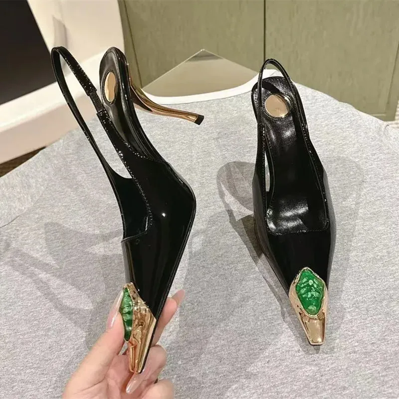 binfenxie  -  Star style Gemstone Metal Toe Patent Leather Women Pumps Fashion Stiletto High heels Spring Autumn Slingbacks Party Dress Shoes