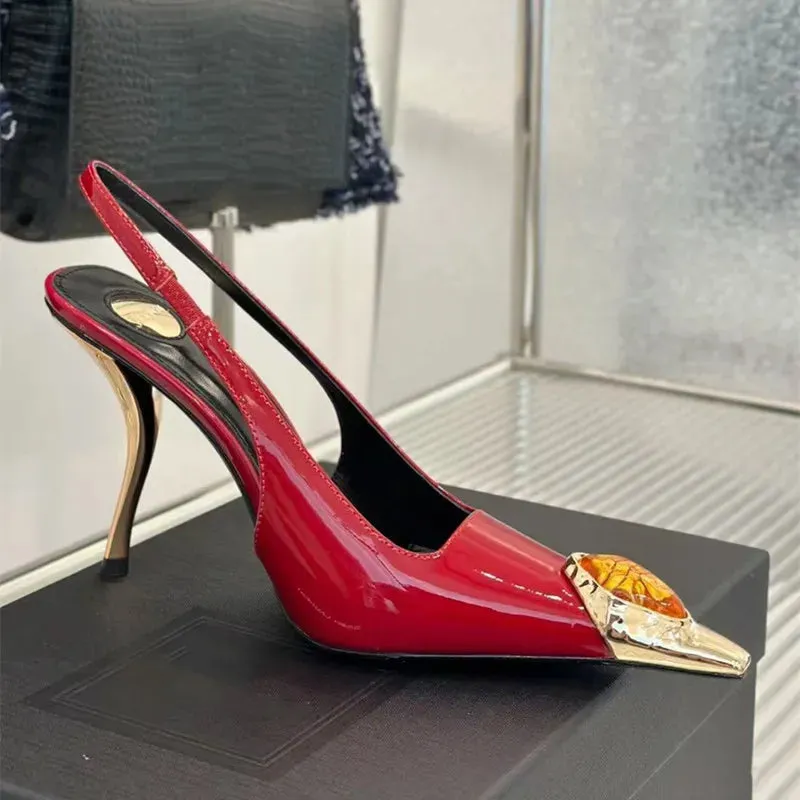 binfenxie  -  Star style Gemstone Metal Toe Patent Leather Women Pumps Fashion Stiletto High heels Spring Autumn Slingbacks Party Dress Shoes