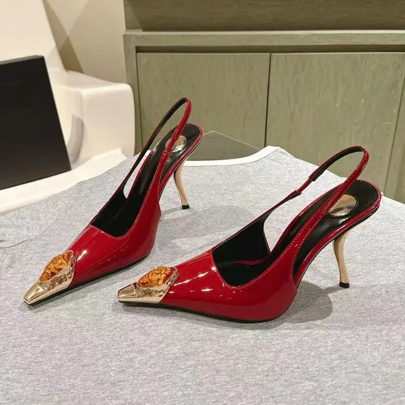 binfenxie  -  Star style Gemstone Metal Toe Patent Leather Women Pumps Fashion Stiletto High heels Spring Autumn Slingbacks Party Dress Shoes