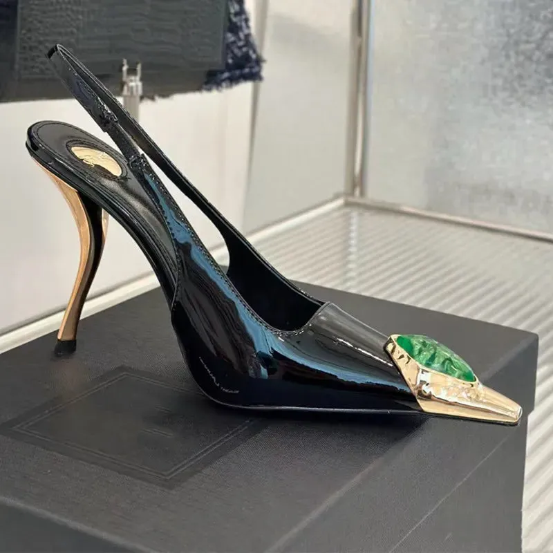 binfenxie  -  Star style Gemstone Metal Toe Patent Leather Women Pumps Fashion Stiletto High heels Spring Autumn Slingbacks Party Dress Shoes