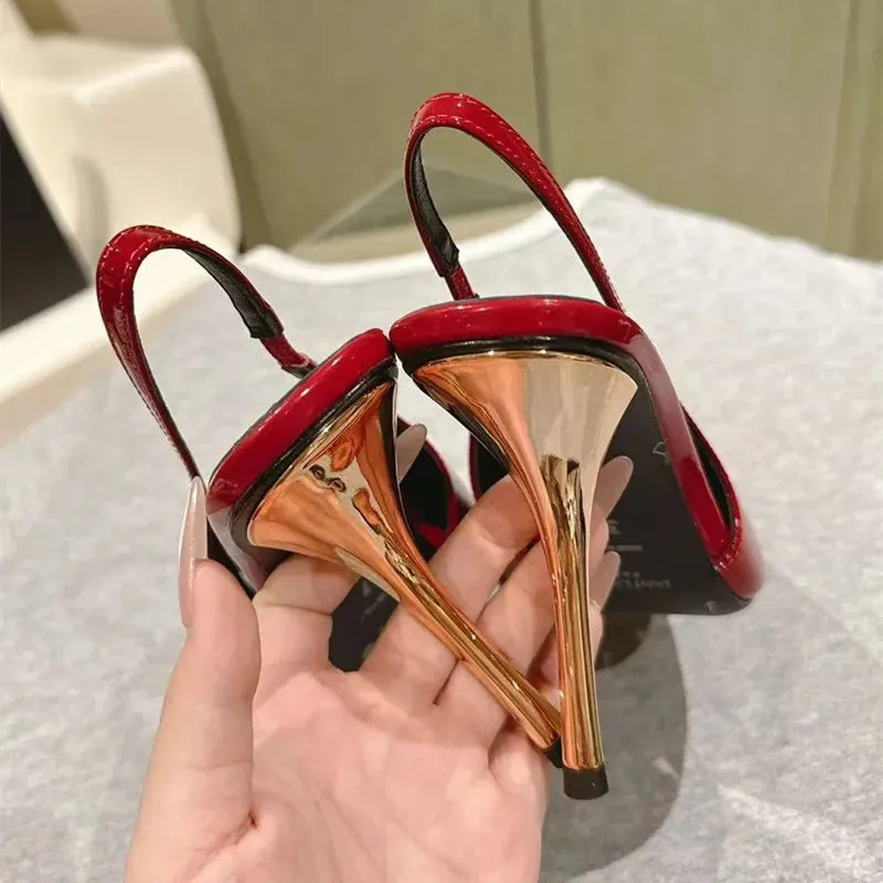 binfenxie  -  Star style Gemstone Metal Toe Patent Leather Women Pumps Fashion Stiletto High heels Spring Autumn Slingbacks Party Dress Shoes