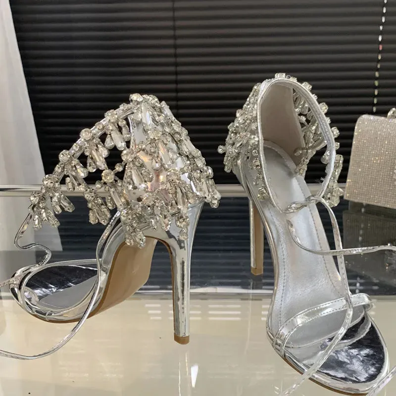 binfenxie  -  Star style Luxury Rhinestones Lace-up Women Sandals Sexy Thin High heels Gladiator Sandalias Summer Crystal Party Wedding Shoes