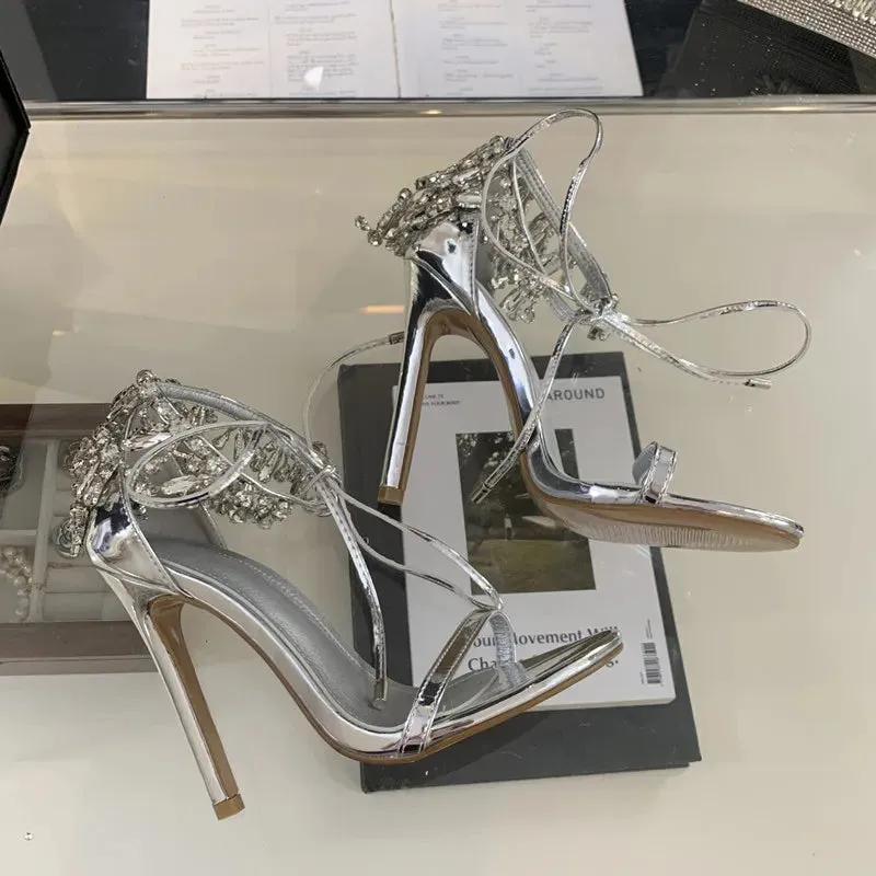 binfenxie  -  Star style Luxury Rhinestones Lace-up Women Sandals Sexy Thin High heels Gladiator Sandalias Summer Crystal Party Wedding Shoes