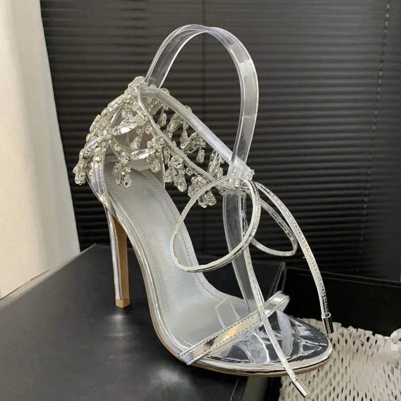 binfenxie  -  Star style Luxury Rhinestones Lace-up Women Sandals Sexy Thin High heels Gladiator Sandalias Summer Crystal Party Wedding Shoes