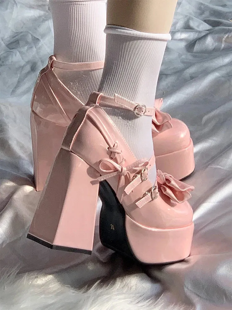 binfenxie  -  Summer Fashion Tea Party Sweet Lolita Shoes Women's Super High Heels 12cm Platform 4cm Cute Square Toe Mary Jane Shoes