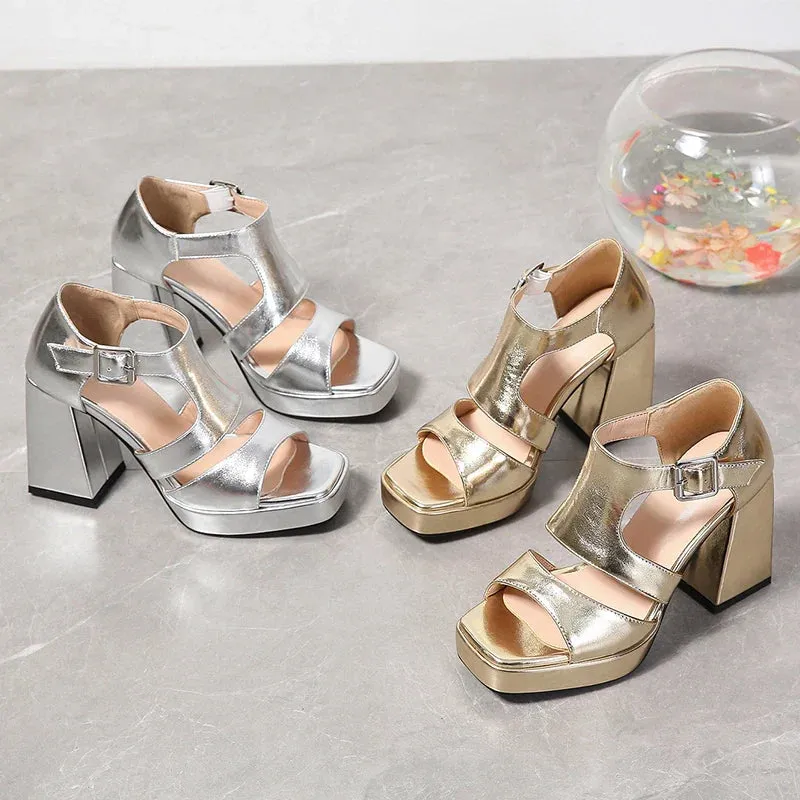 binfenxie  -  Summer Gold Silver Platform Shoes Open Toe Ankle Strap Chunky High Heel Gladiator Sandals Ladies Party Heels Sandálias Femininas