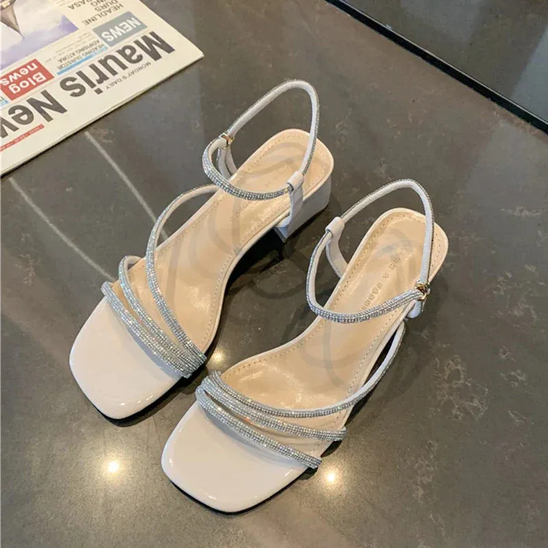 binfenxie  -  Women Sandals Crystal Mid Heels Shoes Sexy 2024 New Summer Fashion Pumps Shoes Slippers Party Chunky Shoes Dress Lady Flip Flops