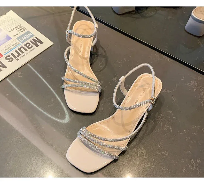 binfenxie  -  Women Sandals Crystal Mid Heels Shoes Sexy 2024 New Summer Fashion Pumps Shoes Slippers Party Chunky Shoes Dress Lady Flip Flops