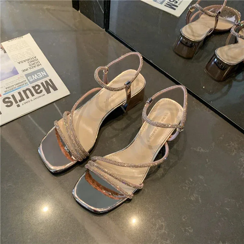 binfenxie  -  Women Sandals Crystal Mid Heels Shoes Sexy 2024 New Summer Fashion Pumps Shoes Slippers Party Chunky Shoes Dress Lady Flip Flops