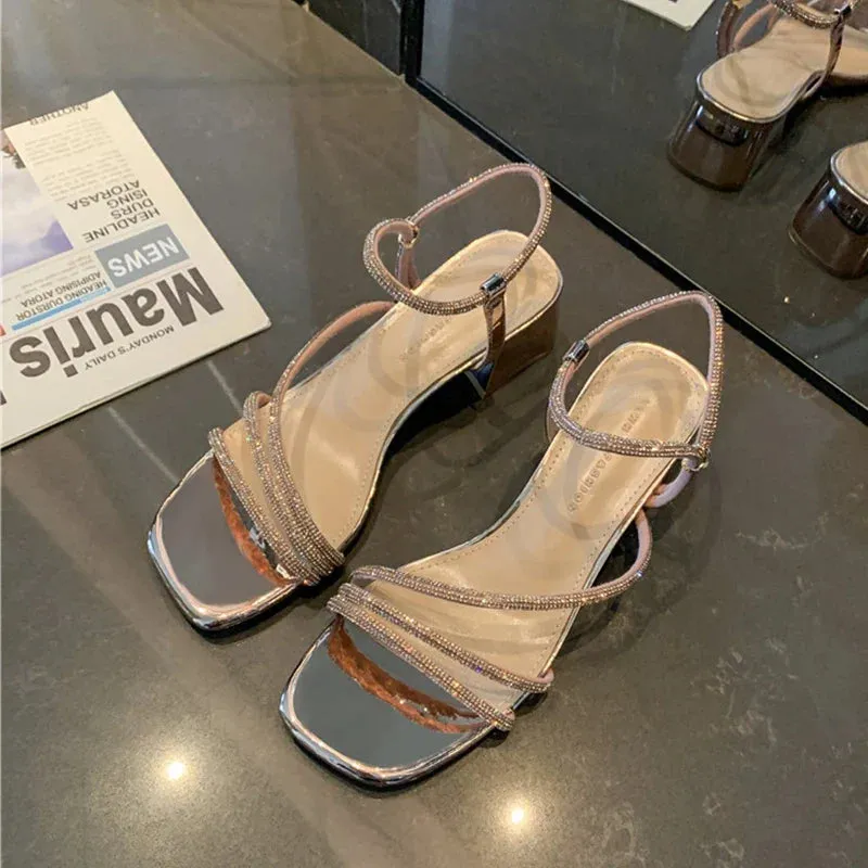 binfenxie  -  Women Sandals Crystal Mid Heels Shoes Sexy 2024 New Summer Fashion Pumps Shoes Slippers Party Chunky Shoes Dress Lady Flip Flops