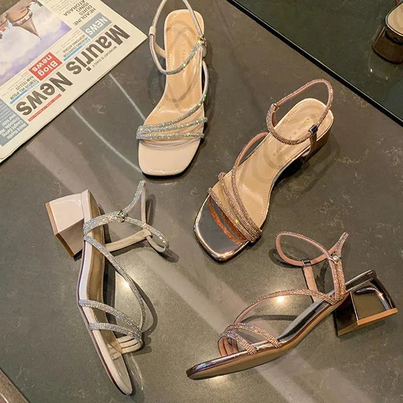 binfenxie  -  Women Sandals Crystal Mid Heels Shoes Sexy 2024 New Summer Fashion Pumps Shoes Slippers Party Chunky Shoes Dress Lady Flip Flops