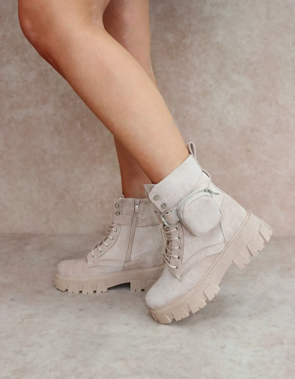 CIARA Beige Faux Suede Ankle Boot With Pocket Detail