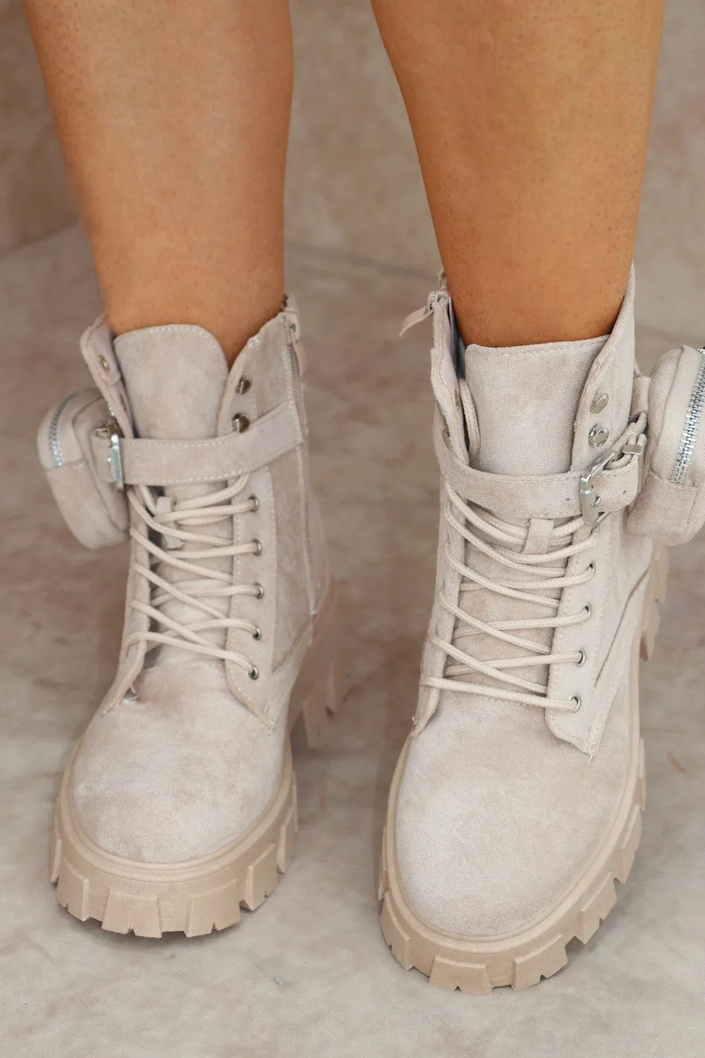 CIARA Beige Faux Suede Ankle Boot With Pocket Detail