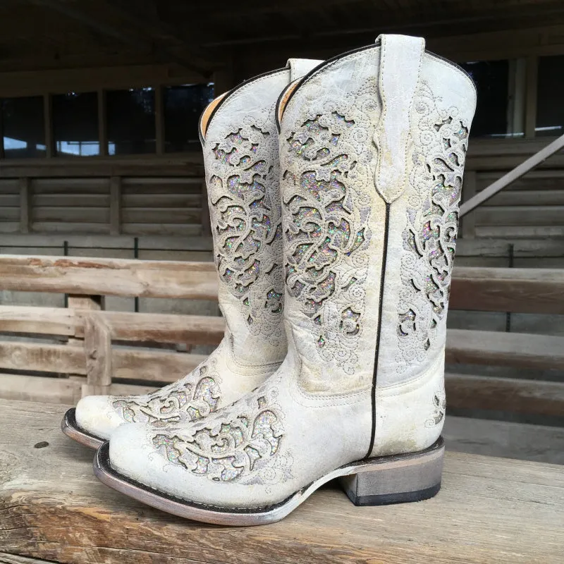 Corral Teen White Glitter Inlay Boot T0021